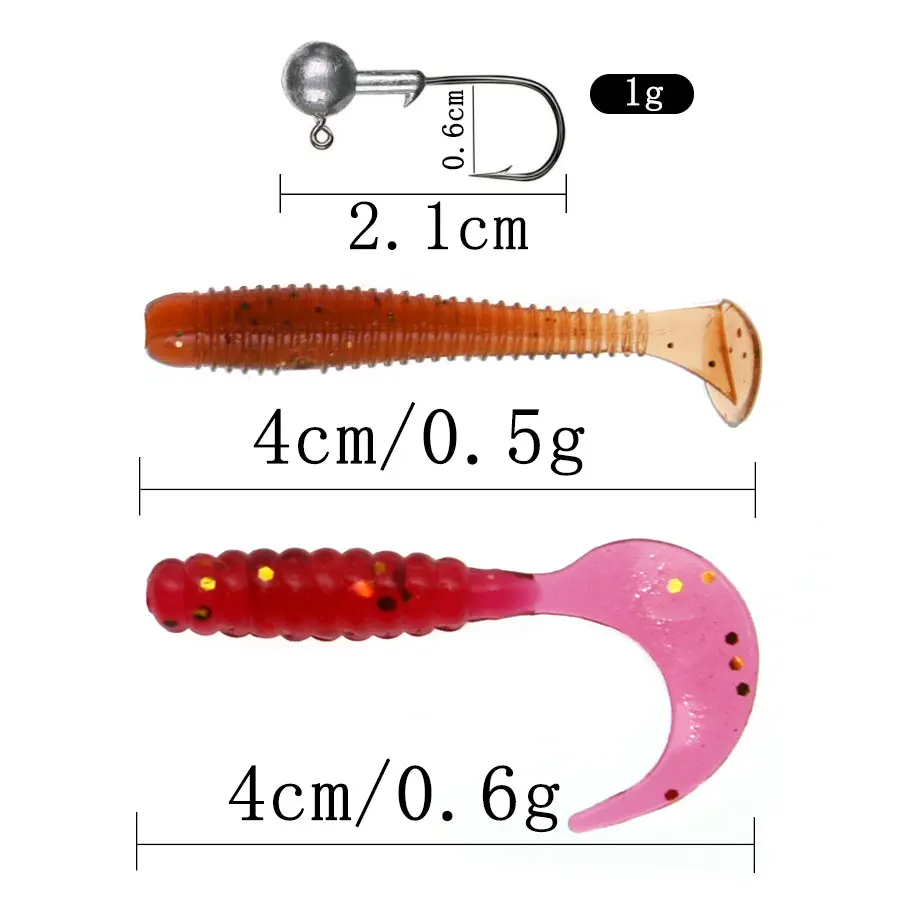 JYJ 50pcs fishing lure tackle set ,soft paddle tail soft worm grub lure bait with 10 pcs 1g jig hook wobbler bait