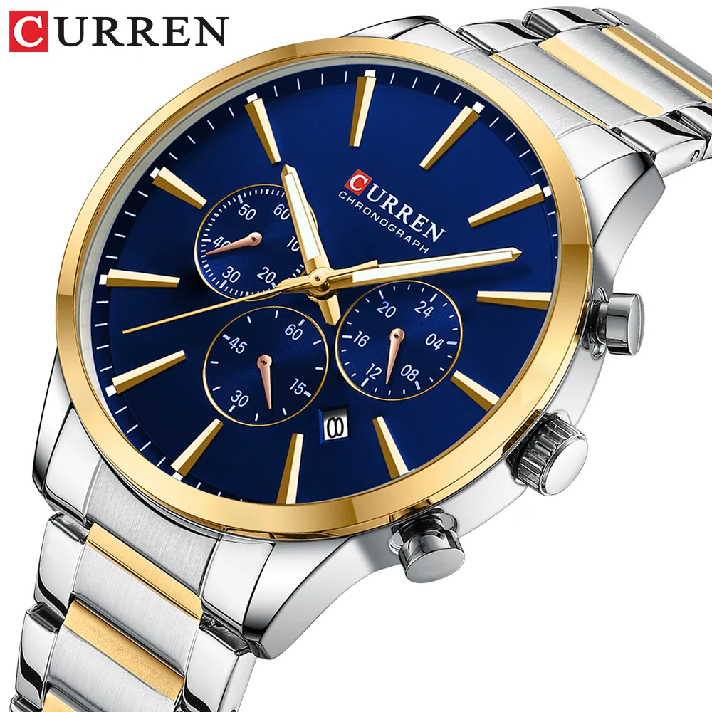 CURREN Casual Sport Watches Men\'s Quartz Chronograph Stainless Steel Bracelet Wristwatches with Date Male Clock