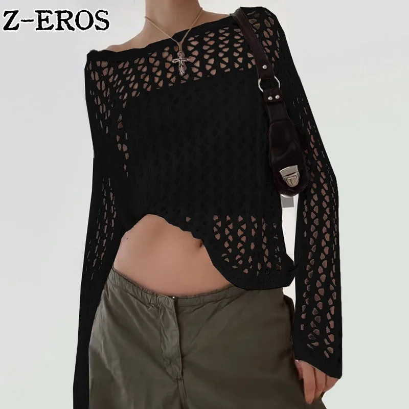 Z-EROS Vintage Hollowed Out Mesh Knit Sweater Round Neck Hole-knit T shirts Casual Loose Long-sleeved Crochet Knit Top Knitwear