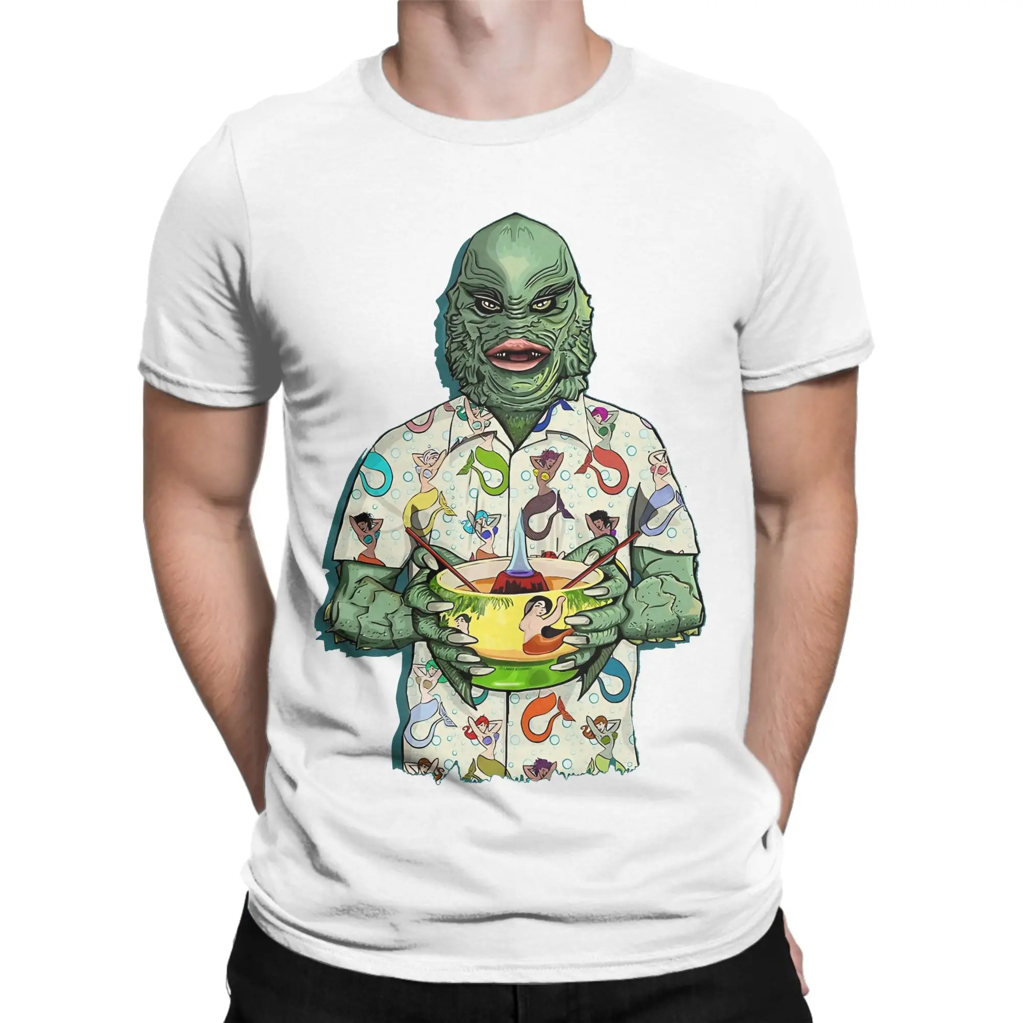 Vintage Tiki Creature with mermaid Tshirts For Men Women O-neck Short Sleeve Clothing  Cotton Summer Tops Shirts