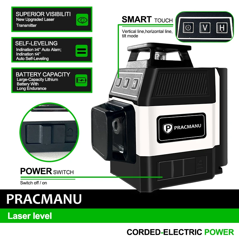 Pracmanu Mini 3D/4D Laser Level Green Beam 12/16 Lines Self-Leveling Laser Level with Remote Control