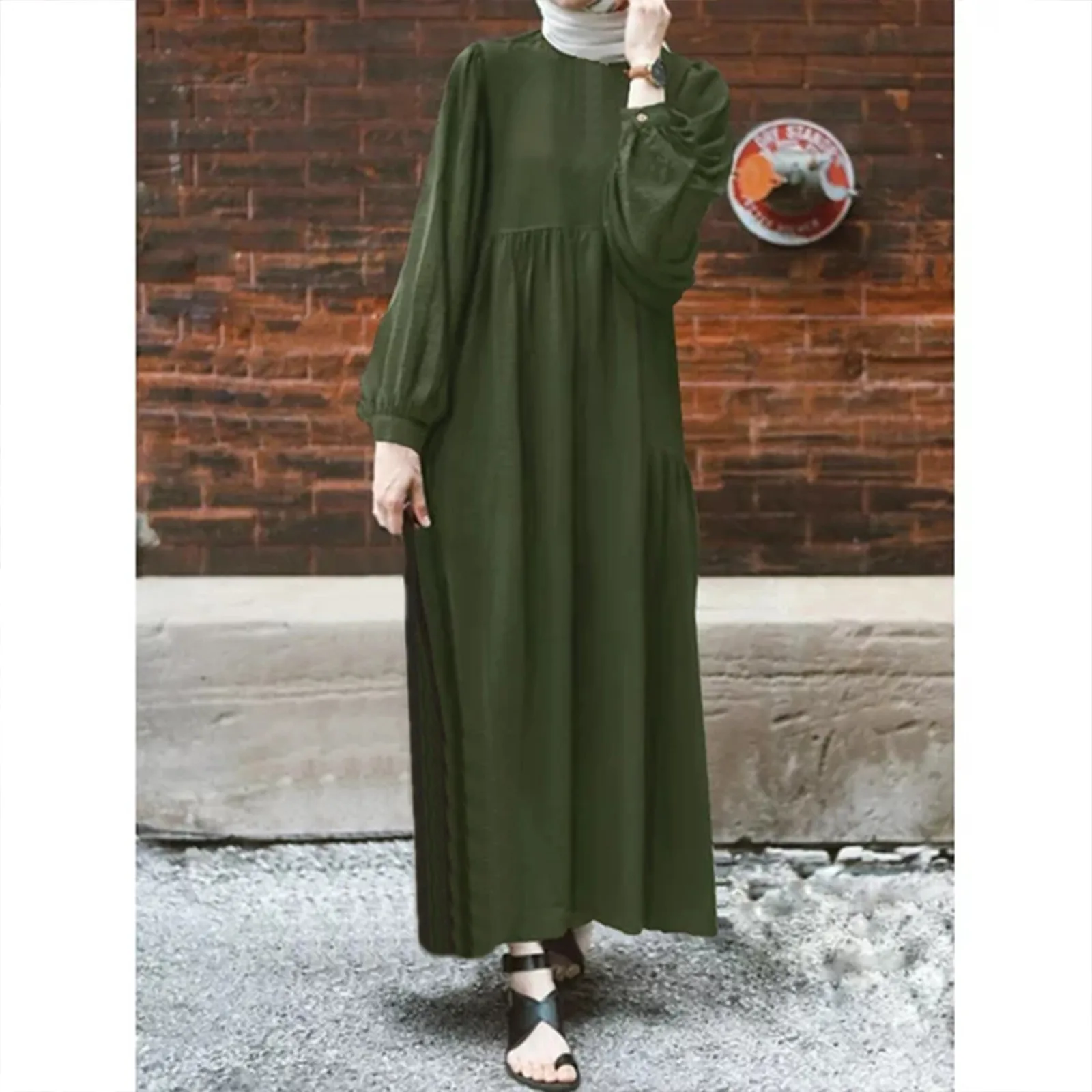 

Muslim Women's Solid Colour Round Neck Lantern Sleeve Dresses Fashion Loose Casual Long Sleeve Pleated Long Robe Dresses