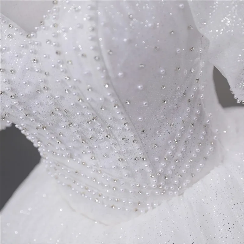 Süße Puff ärmel Brautkleider Luxus Perlen Perlen Vestido de Noiva glänzende Voile Ballkleid Prinzessin anpassen Robe de Mariee