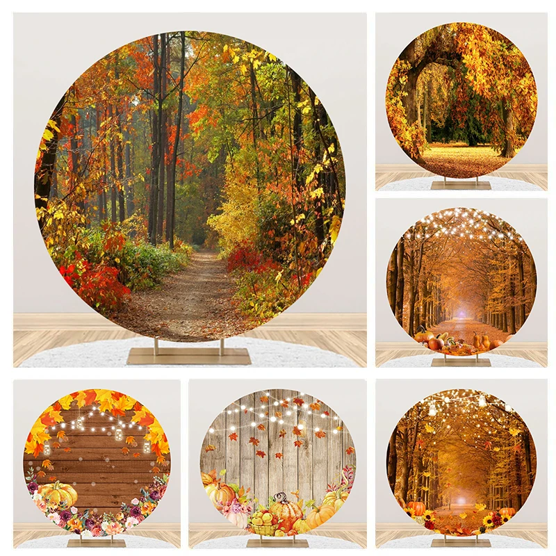 Laeacco Autumn Maple Forest Leave Scenery Round Backdrop Farm Harvest Pumpkin Thanksgiving Party Portrait Photography Background