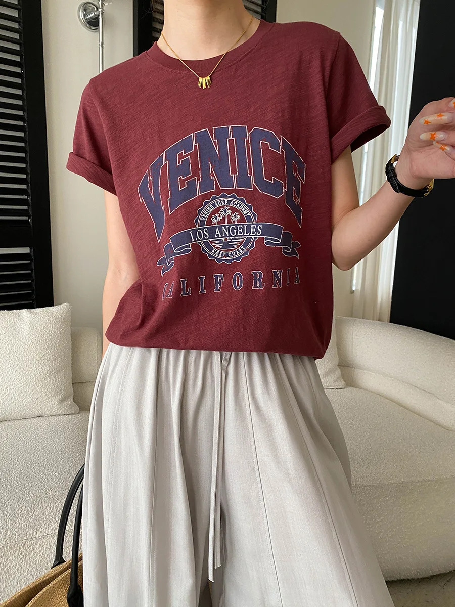 Sommerliches Damen-T-Shirt im lässigen amerikanischen Retro-Vintage-Stil mit Buchstaben-Print, Rundhalsausschnitt und kurzen Ärmeln – Detail 5