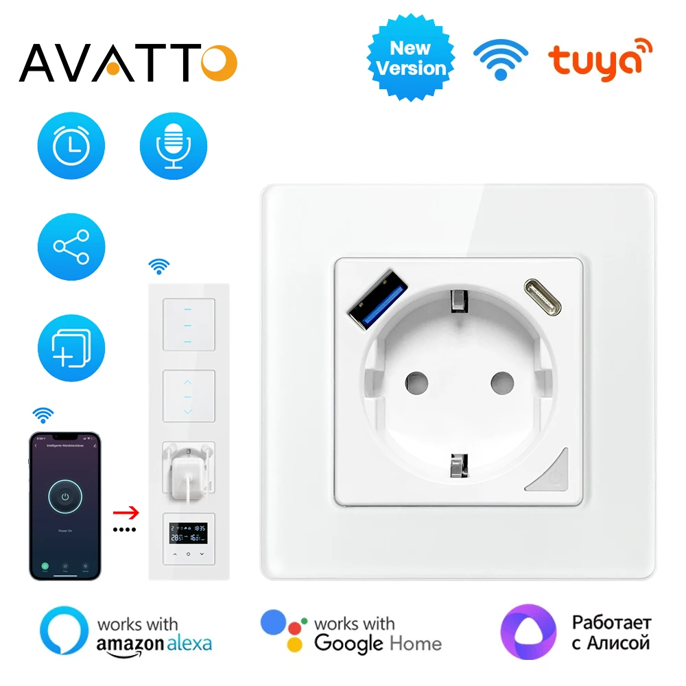 AVATTO Tuya WiFi Smart Wall Socket EU Standard Power Plug Outlet With USB/Type-C Charge Port Wroks With Alexa,Google Home,Alice