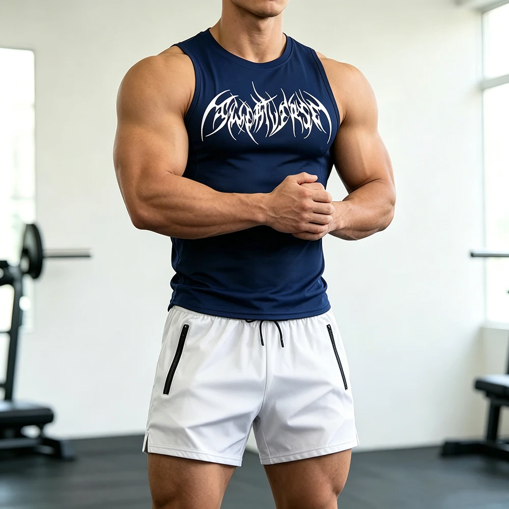 Men Compression Training Set Sleeveless Tank Top Wing Spiky Text Print Double Zipper Pocket Shorts Quick Dry Athletic Gym Suit view 3