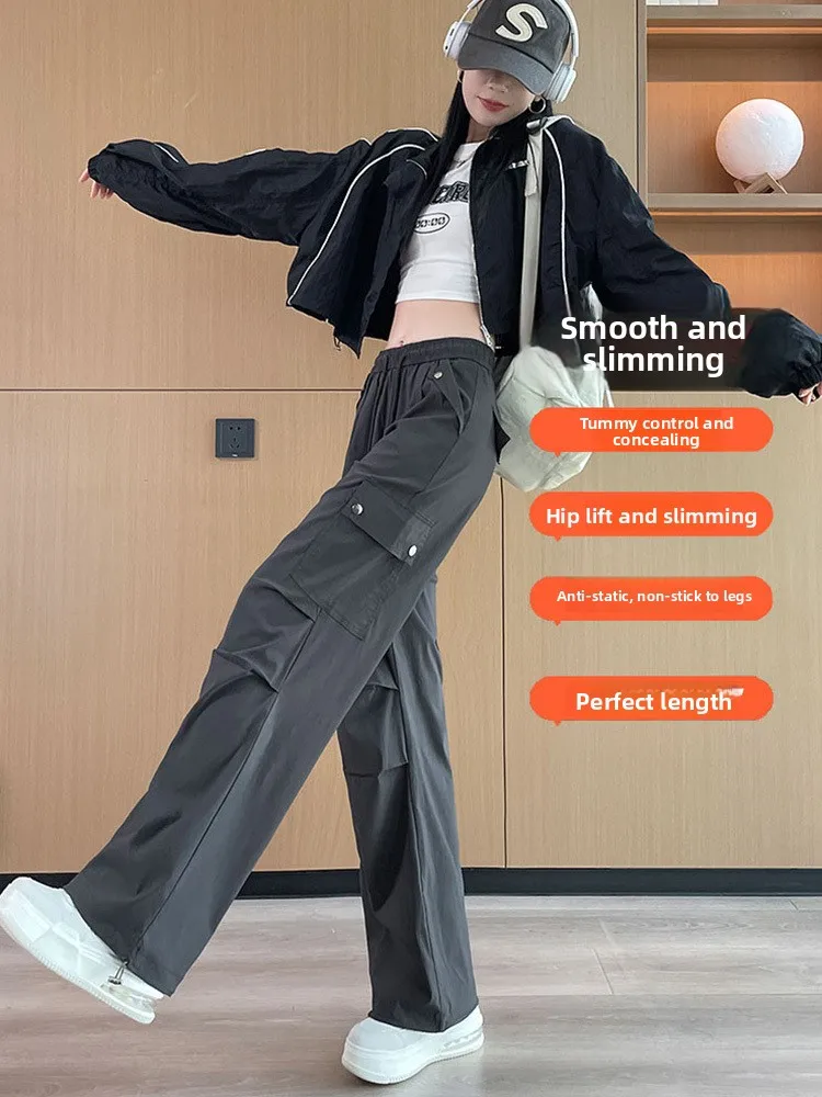 レトロアメリカンワークパンツ レディース 夏 薄手 ハイウエスト ストレートレッグ ワイドレッグパンツ 小さいサイズ 速乾 スポーツパンツ