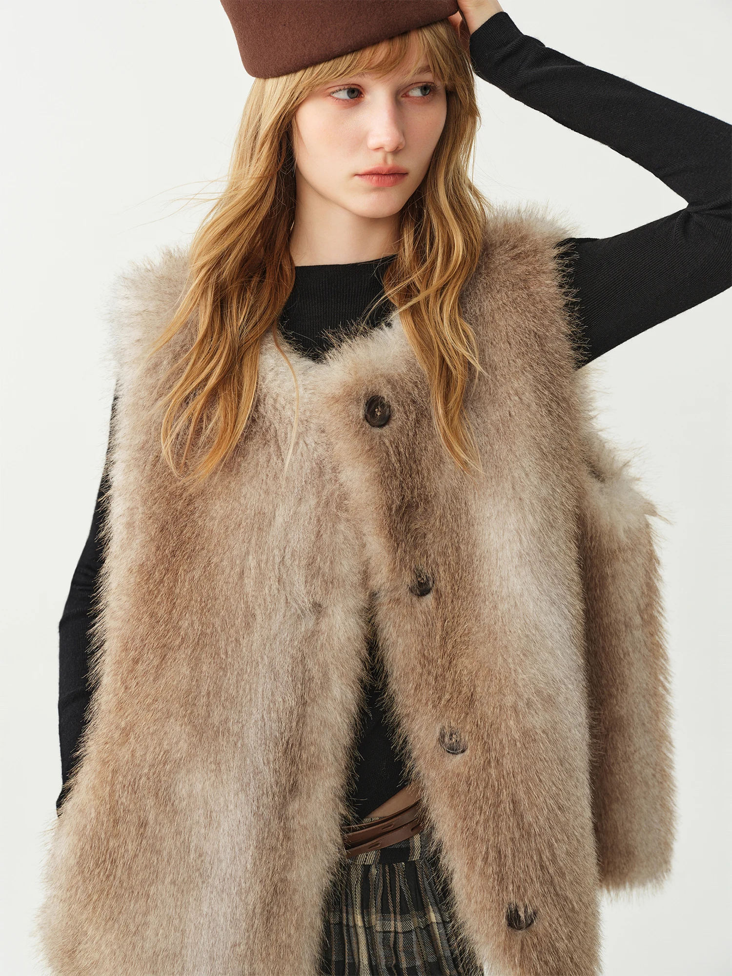 FSLE 2026 Winter Women's Vintage Ombre Sleeveless Faux Fur Vest Jacket - Elegant Versatile Soft Warm Chic for Daily Wear