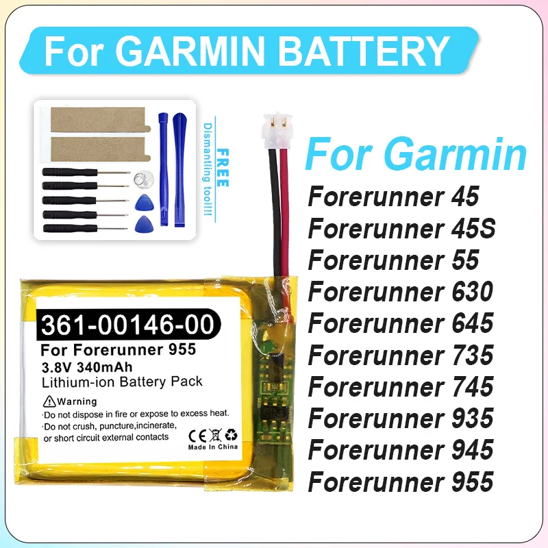 361-00104-00 361-00140-01 361-00086-00 Vervang Batterij Voor Garmin Forerunner 45 45S 645 735 745 945 955 55 935 45S Horloge + Gereedschap - afbeelding 2