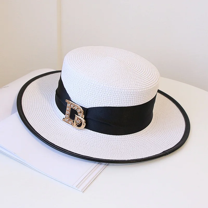 Women British Letter Edge Flat Top Straw Hat Wide Brim Summer Outdoor Travel UV Sun Protection Hat