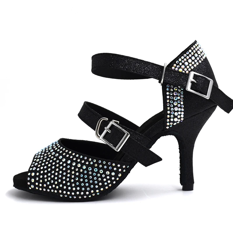 Black Satin Crystal High heel Women Latin Salsa Ballroom Tango Dance Shoes Suede Sole With Low Price