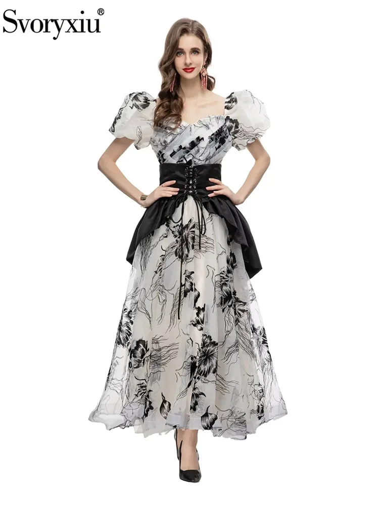 

Svoryxiu Runway Fashion Summer Vintage Floral Print Long Dress Women's Square Collar Puff Sleeve High Waist Slim Big Swing Dress