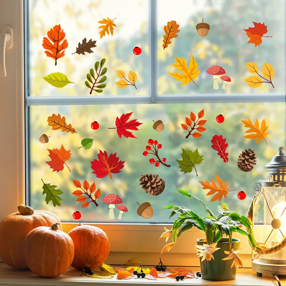 1pc Leaves Fruits Wall Stickers Window Glass Stickers Transparent Modern Style Nuts Home Decoration Posters