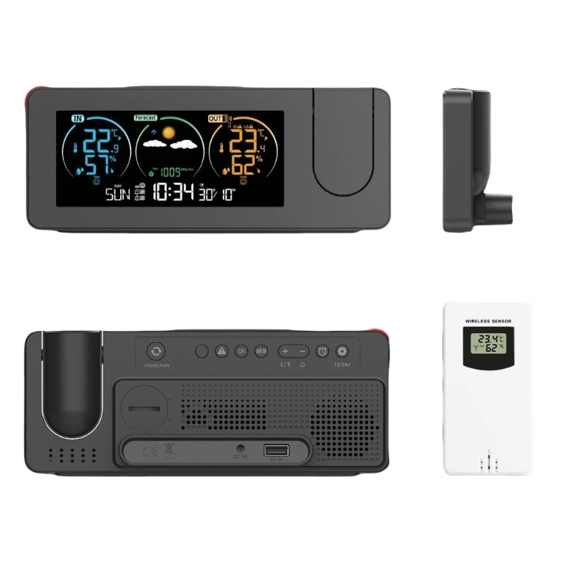 Kleurscherm Projectieklok met 2 alarmen Tijdtemperatuurvochtigheid Display Snooze -functie Remote Sensoren voor Home Kxre