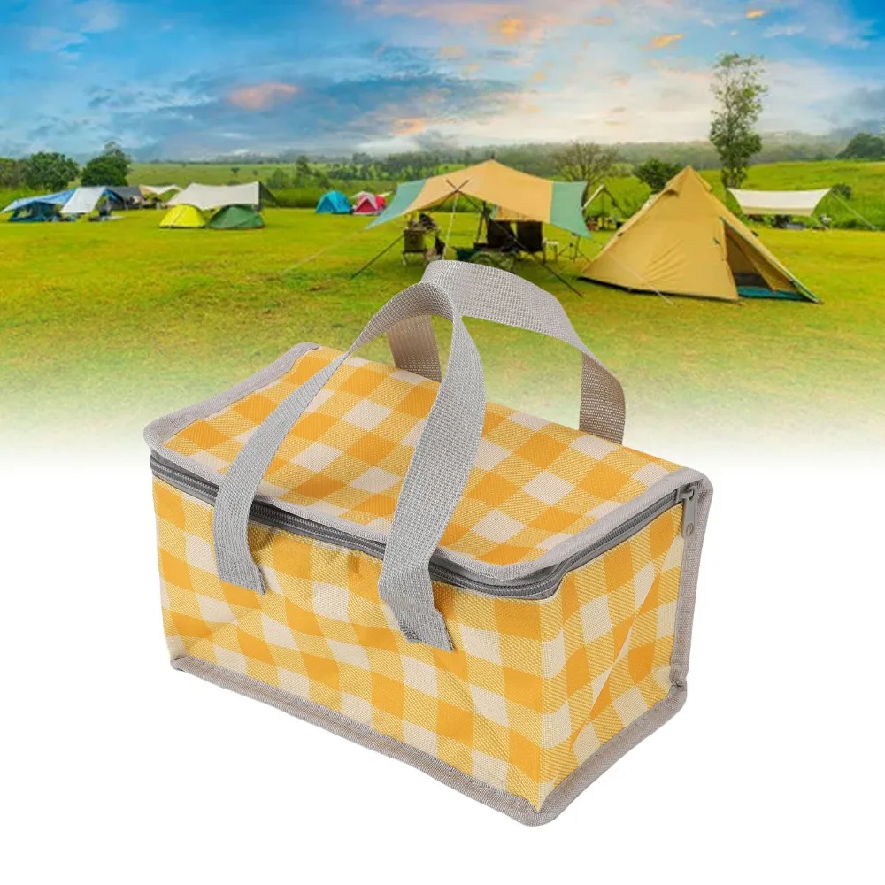 Durable Oxford Fabric Insulated Picnic Bag With Zippered Plaid Foldable Cooler Bag Reusable Grocery Bag Camping