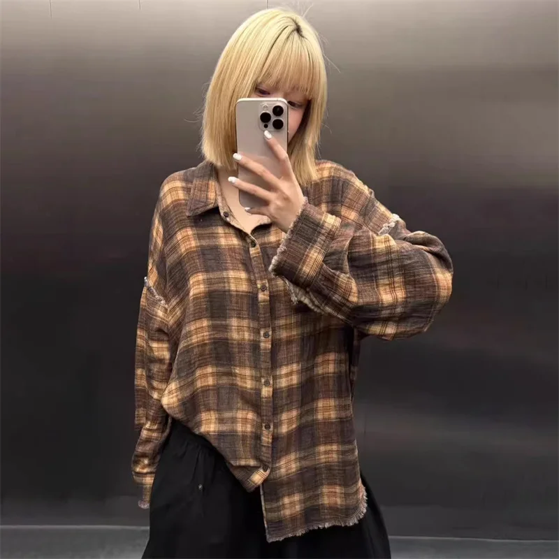 

Женская рубашка, новинка осени 2025 года, винтажный топ с кисточками и лацканами, топ с длинными рукавами, хлопковая клетчатая женская блузка, двустороннее носимое тонкое пальто