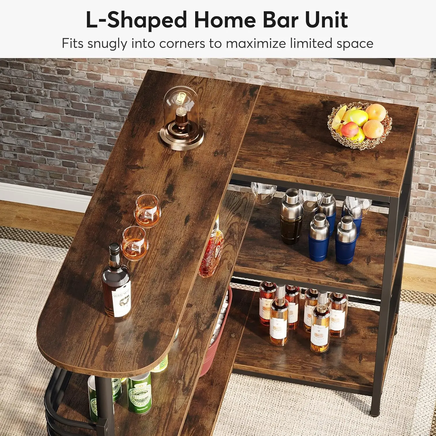 Tribesigns L-Shaped Home Bar Unit, 3 Tier Liquor Bar Table with Storage Shelves and Wine Glasses Holder, Industrial Corner