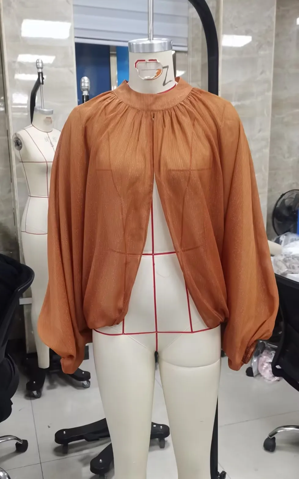 Women's Sheer Blouse Glitter Solid Color Long Sleeve Mock Neck Open Front Tops Streetwear