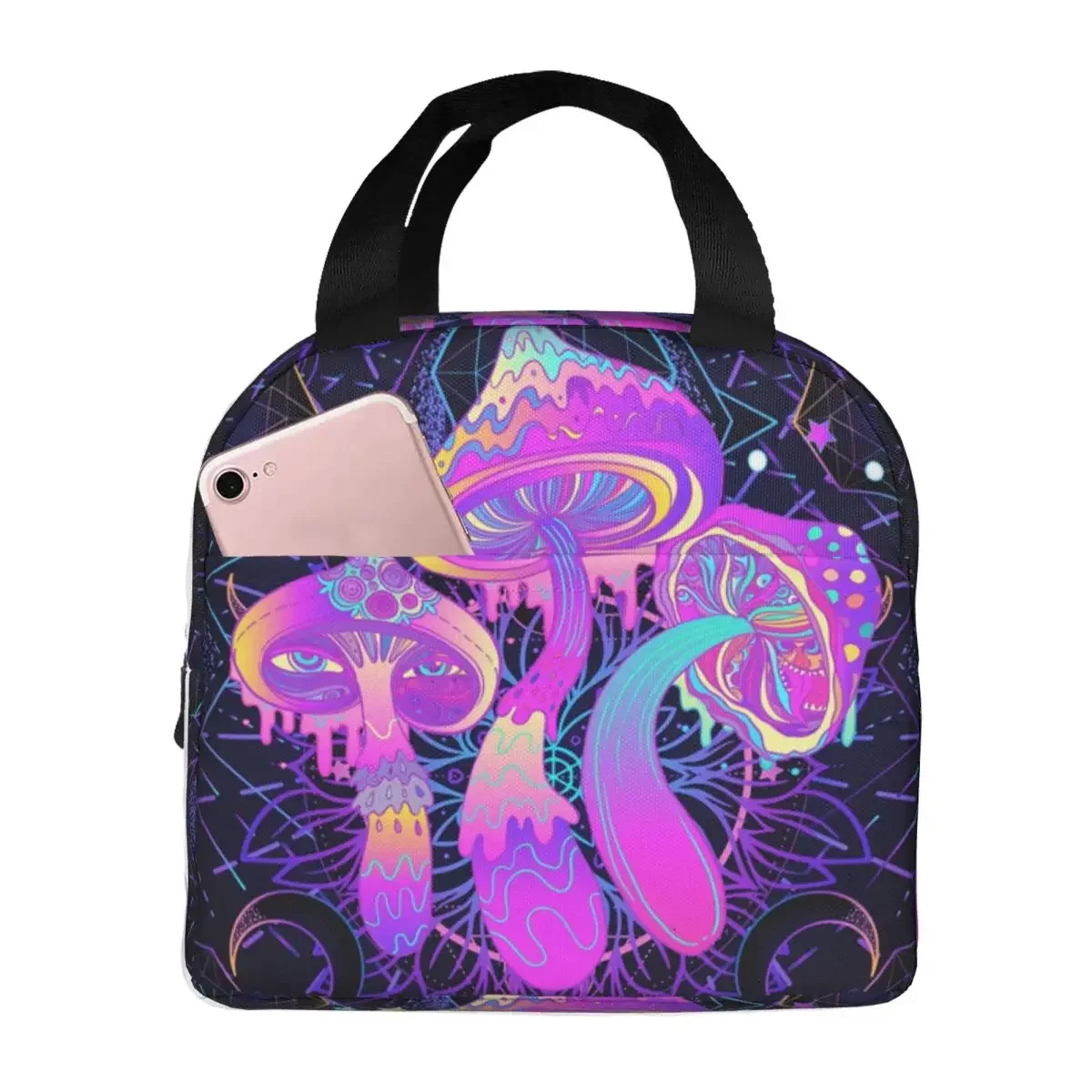 Magic Mushroom Trippy Psychedelic Neon Pastel Goth Resuable Lunch Box Women Leakproof Thermal Cooler Food Insulated Lunch Bag