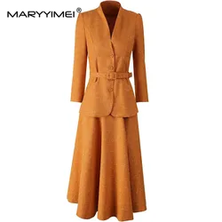 MARYYIMEI Autumn and winter Women's Suit Three Quarter Sleeve Single Breasted Tops+Casual Big Swing Skirt 2 piece set