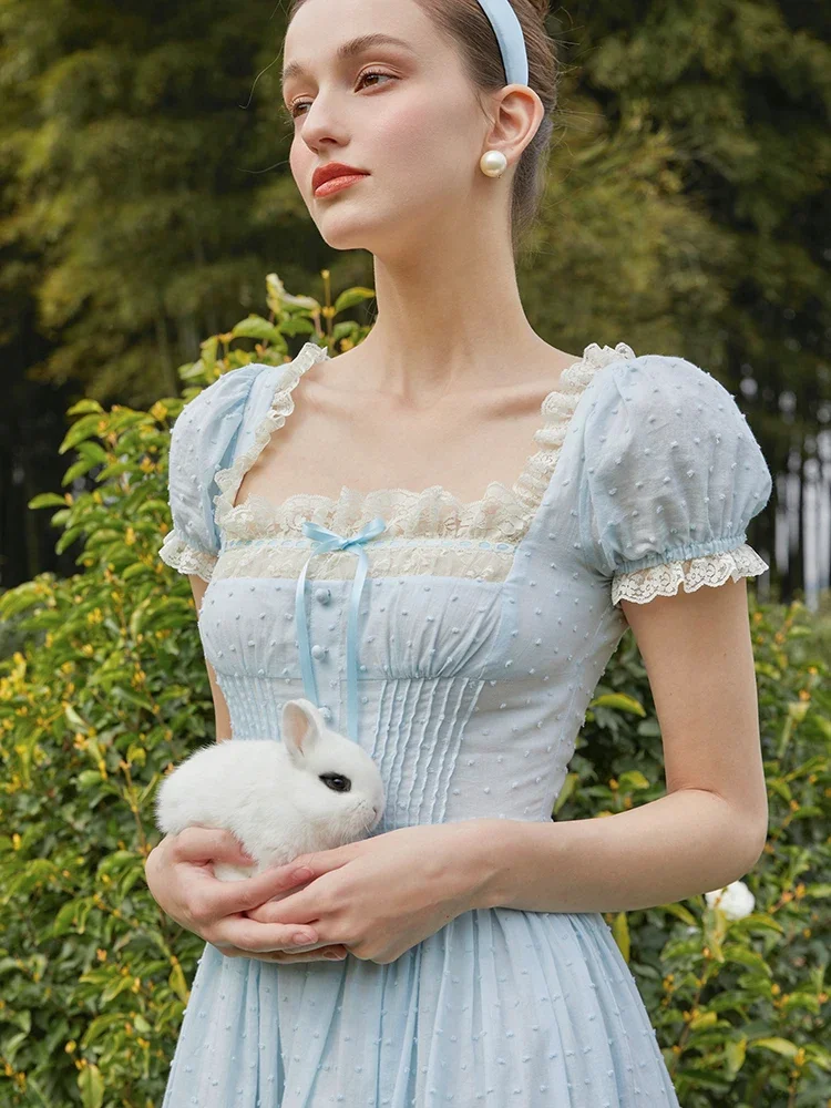 84-99cmหน้าอกฤดูร้อนชุดผู้หญิงวินเทจลูกไม้สแควร์คอพัฟแขนชุดเจ้าหญิงElegantSlim Polka Dot RuffleชุดCinderella