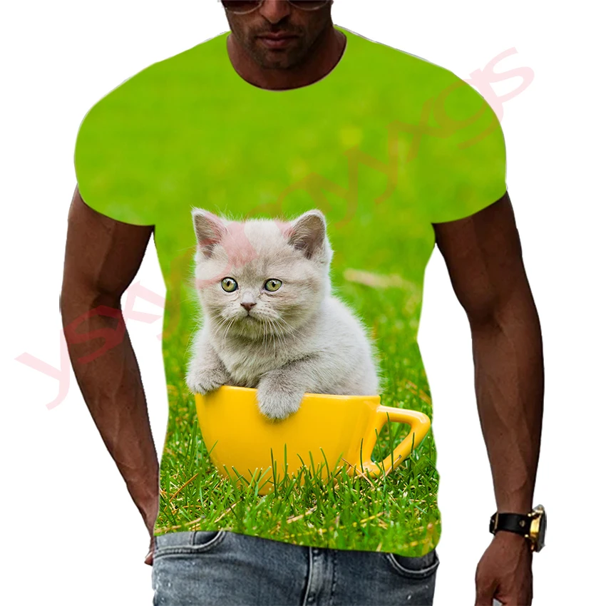 Summer Cat Photography Pattern Men's T-shirt Hip Hop 3D Print Personality   Neck Short Sleeve  Fashion Clothes