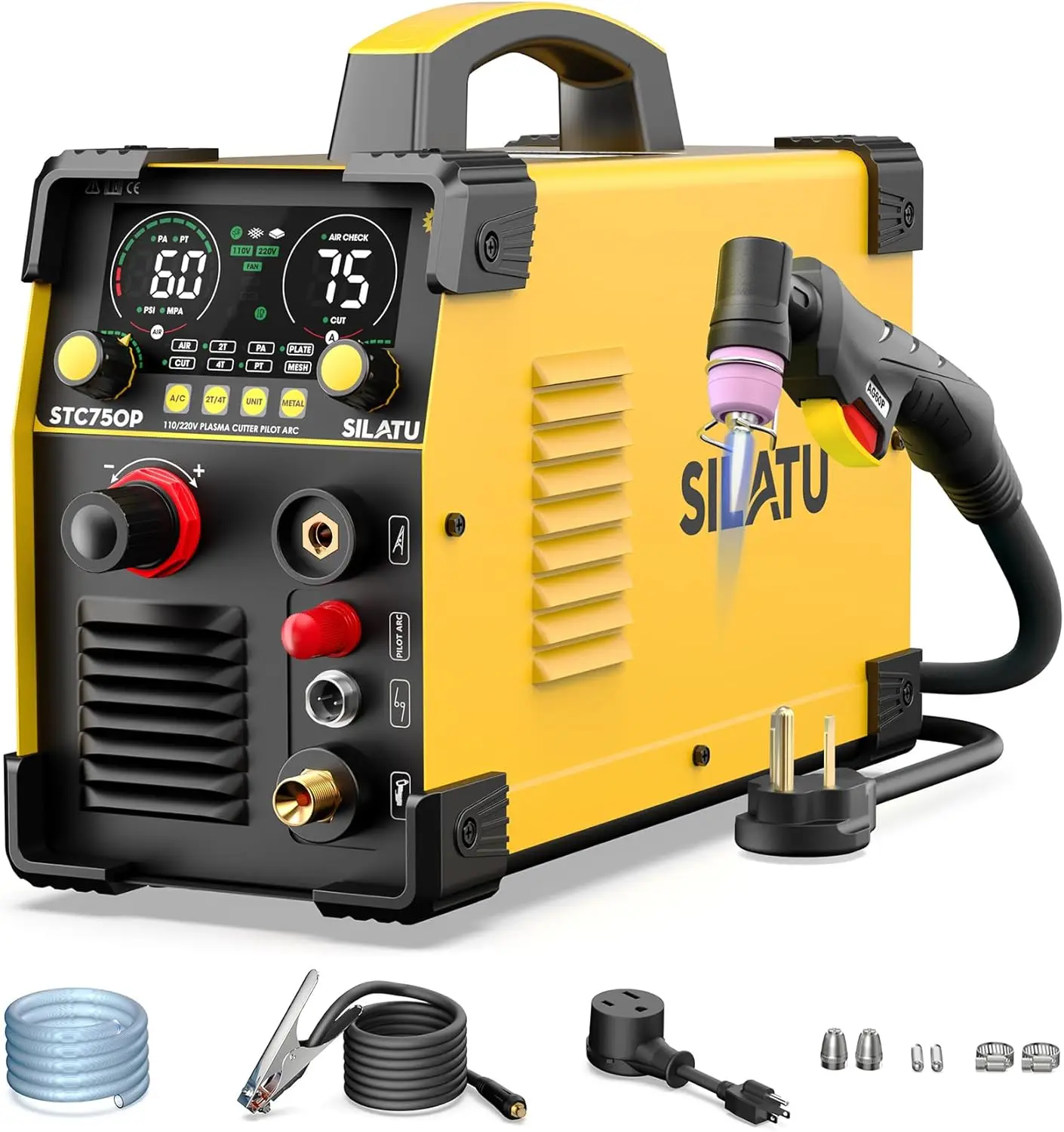75Amps Plasma Cutter, Large LED Display, Non-Touch Pilot Arc, Air Sensor Technology, 110/220V Dual Voltage IGBT Inverter