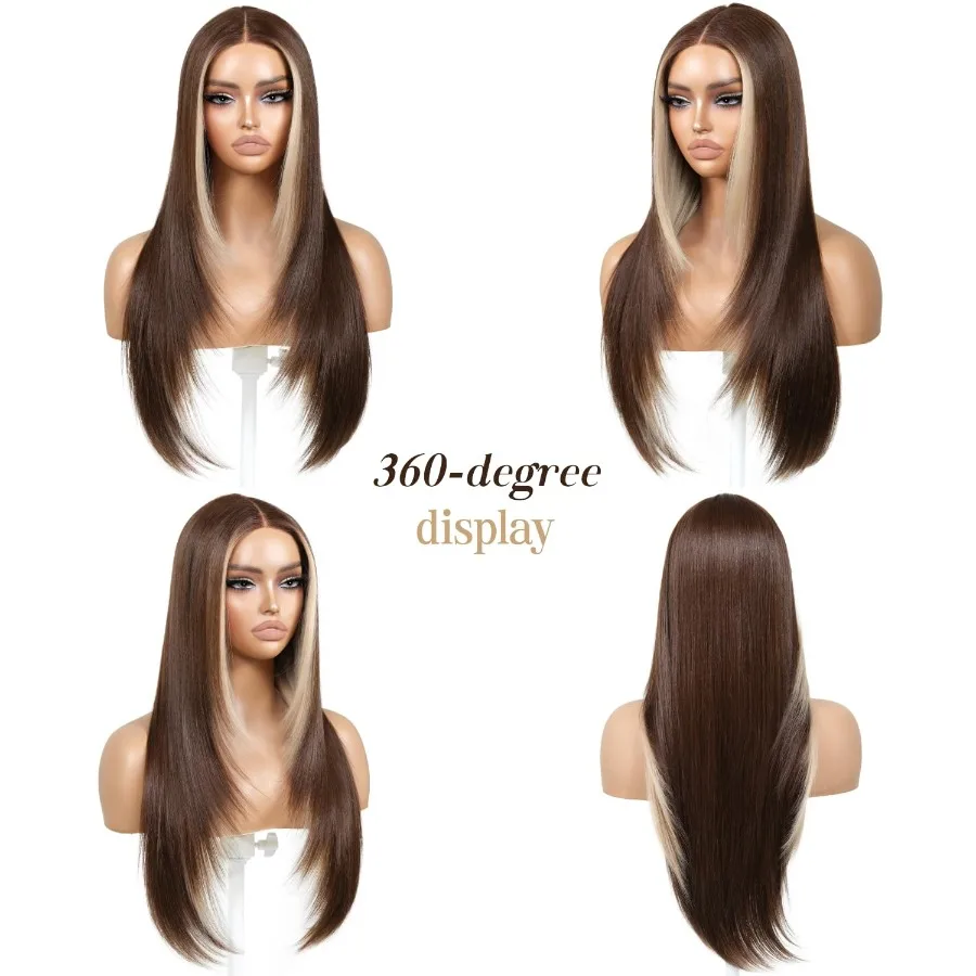شعر مستعار بدون صمغ يمكن ارتداؤه وشعر مستعار بني مع الانفجارات تسليط الضوء على الباروكات الاصطناعية الدانتيل الجبهة الباروكات للنساء قبل قطع الدانتيل قبل قطعها بيكابو L #5