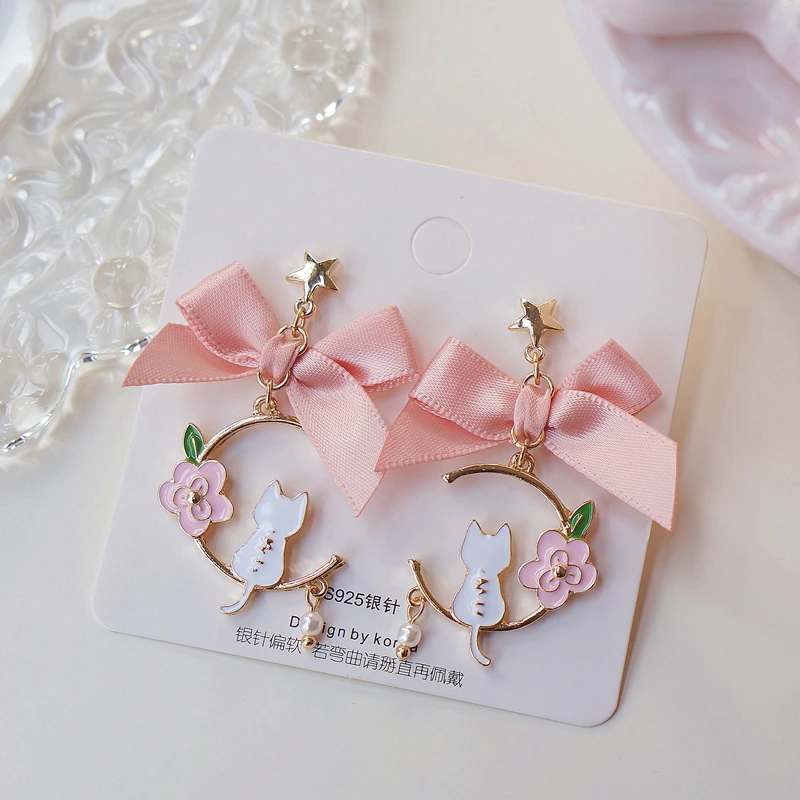 Summer Pink Ribbon Bowknot Flower Cat Earrings Earclip Sweet Girl Cute Cherry Blossom Sakura Clip on Earrings Without Piercing