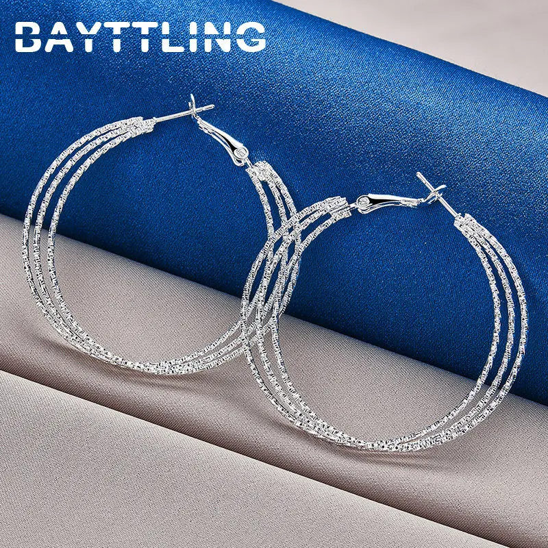 BAYTTLING S925 Sterling Silver 50MM Fine Frosted Multi-Hoop Earrings For Women Luxury Wedding Gifts Fashion Jewelry