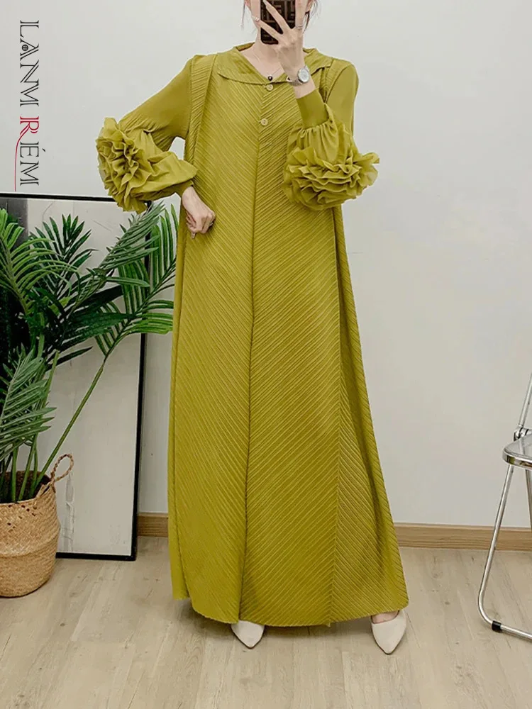 LANMREM Floral Pleated Dress For Women Lapel Long Sleeves Maxi Style Loose Elegant Dresses Female Party Clothing 2DB1972