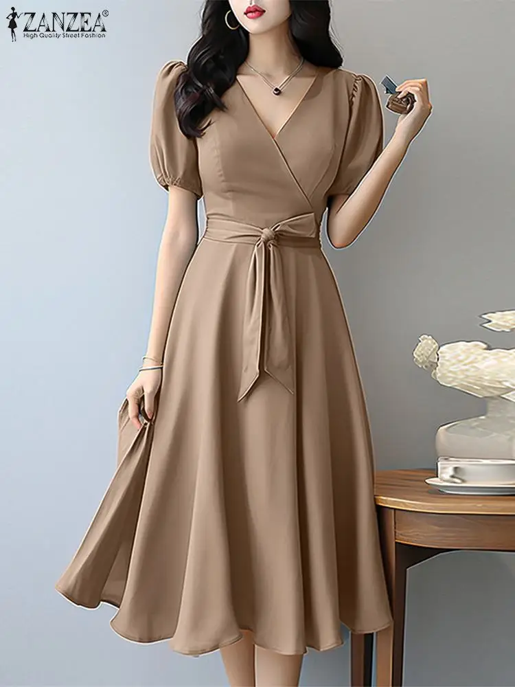 Zanzea elegante Sommer A-Linie Vestidos koreanische Mode kurze Puff ärmel V-Ausschnitt Frauen Midi-Kleid stilvolle gebundene Taille Party kleider