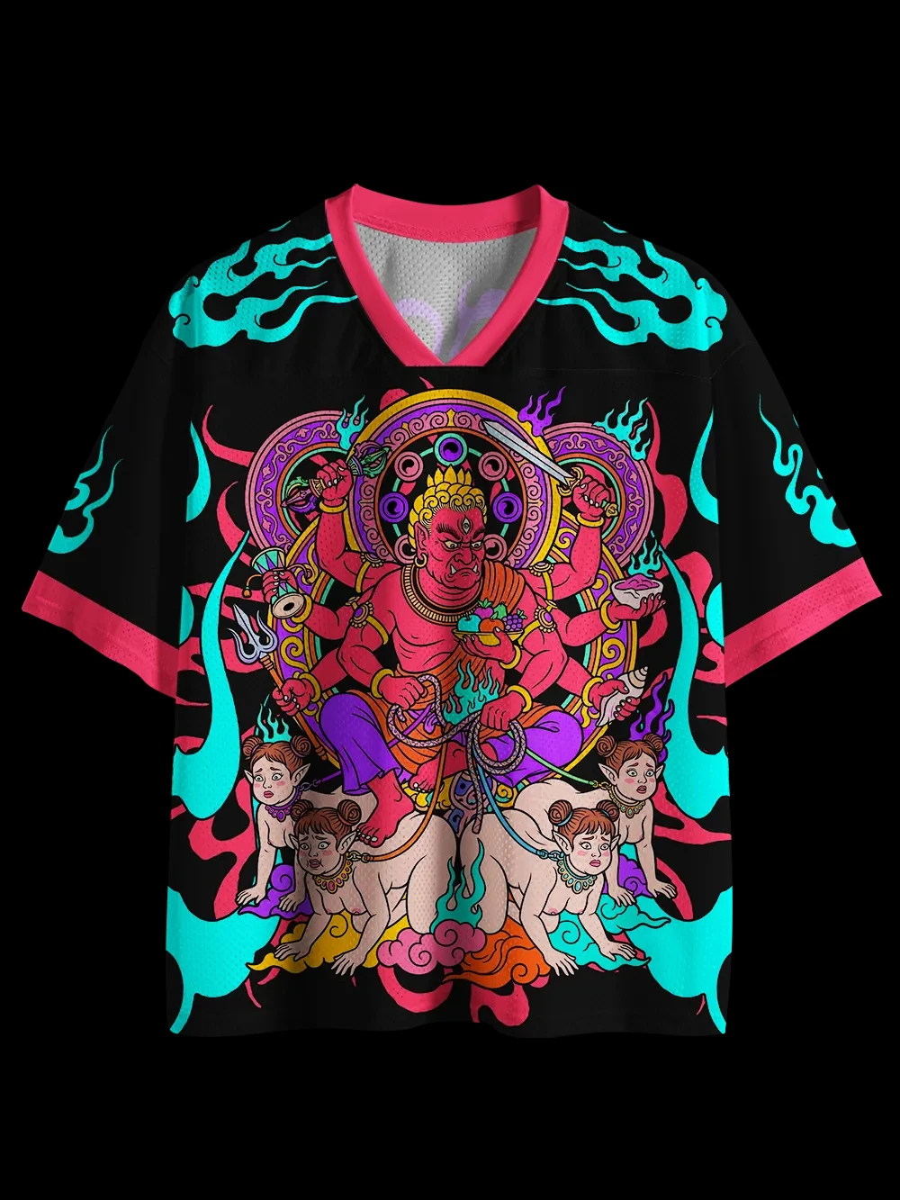 Trending Tribal Street Jersey V‑Neck Mesh Exotic Mythological Folk Psychedelic Fire Motif 69 Graphic Short Sleeve Tee