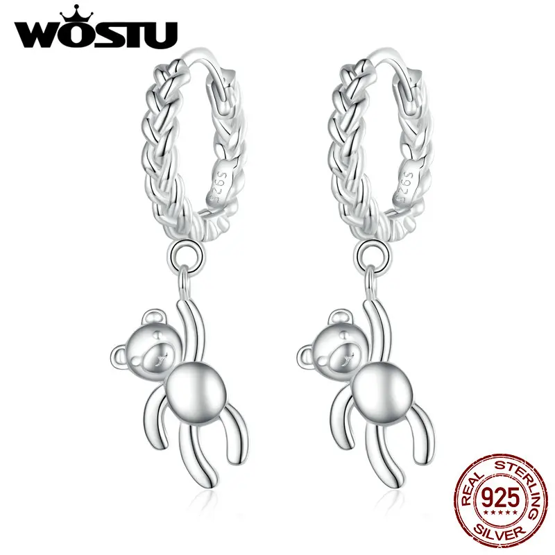 WOSTU Pure 925 Sterling Silver Little Bear Drop Dangle Earrings For Women Cartoon Animal Female Ear Hooks Birthday New Year Gift