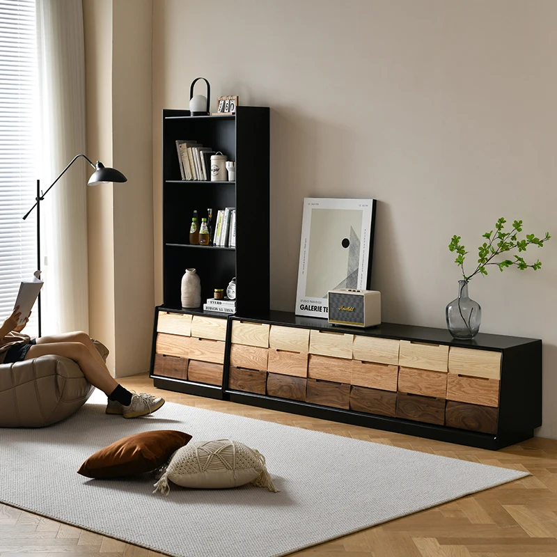 

High floor TV cabinet combination North American black walnut simple floor cabinet small apartment with drawers