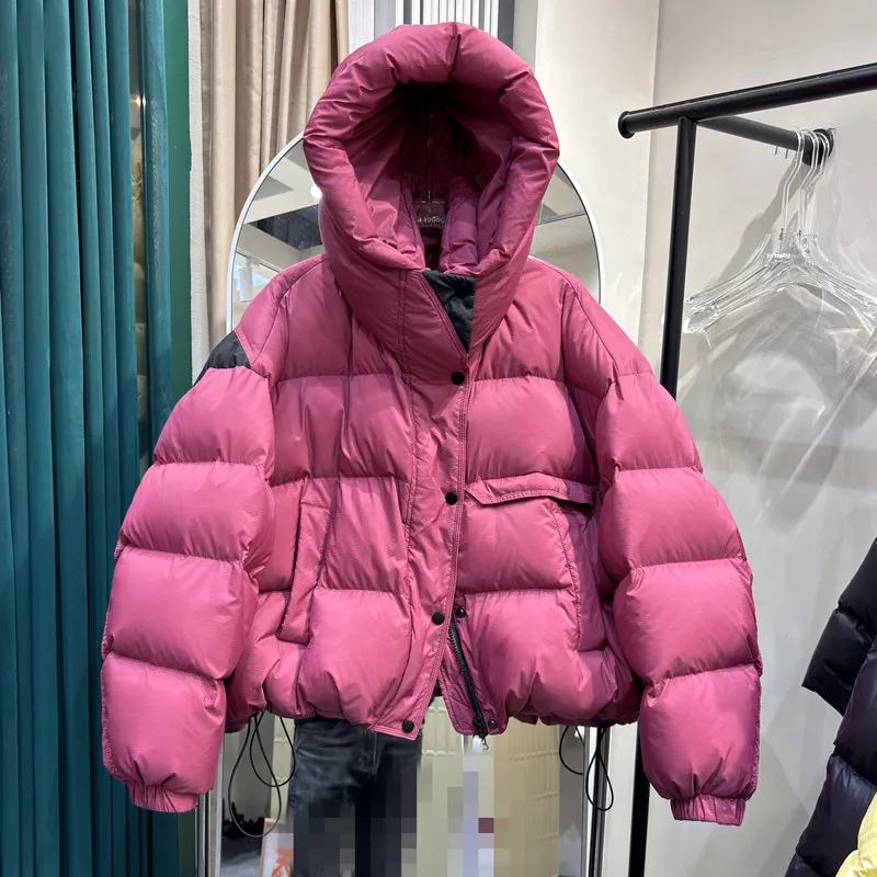 الشتاء 90 الأبيض بطة أسفل باركر أبلى النساء جيب كبير الصلبة مقنعين مبطن سترة معطف الإناث فضفاضة الدافئة قصيرة أسفل سترة