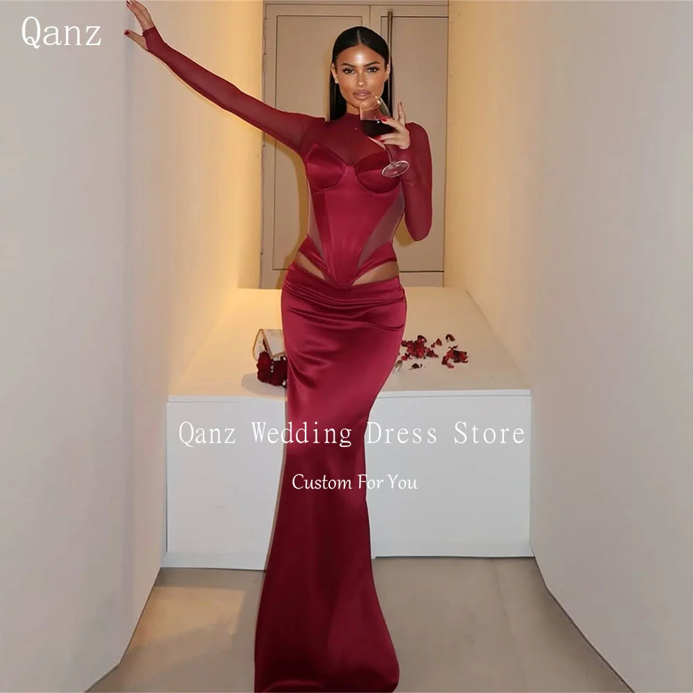 

Qanz Burgundy Satin Evening Dresses High Neck Long Sleeves Satin Party Dresses Sexy Illusion Robe De Soirée Dorée Customized