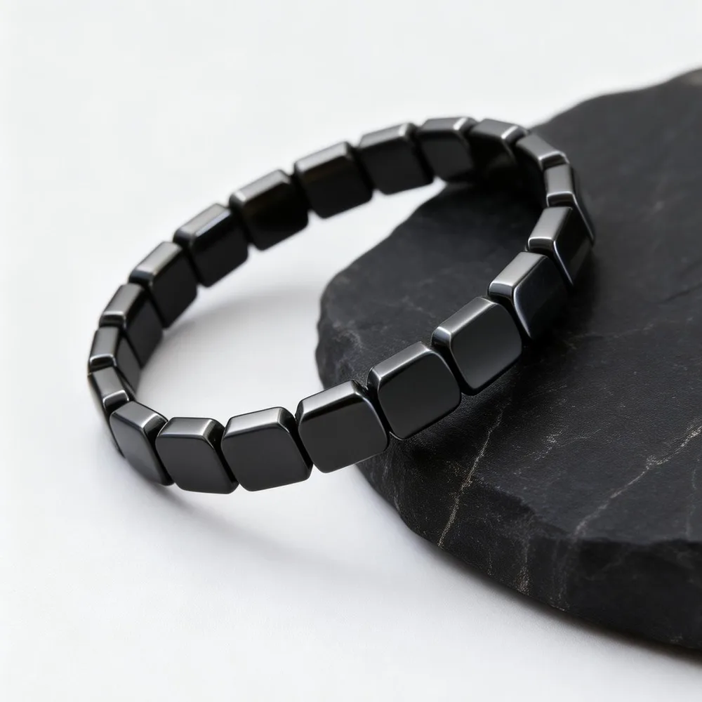 10mm Chunky Hematite Elastic Bracelet for Men,Black Natrual Stone Positive Energy Yoga Beaded Bracelet Gift