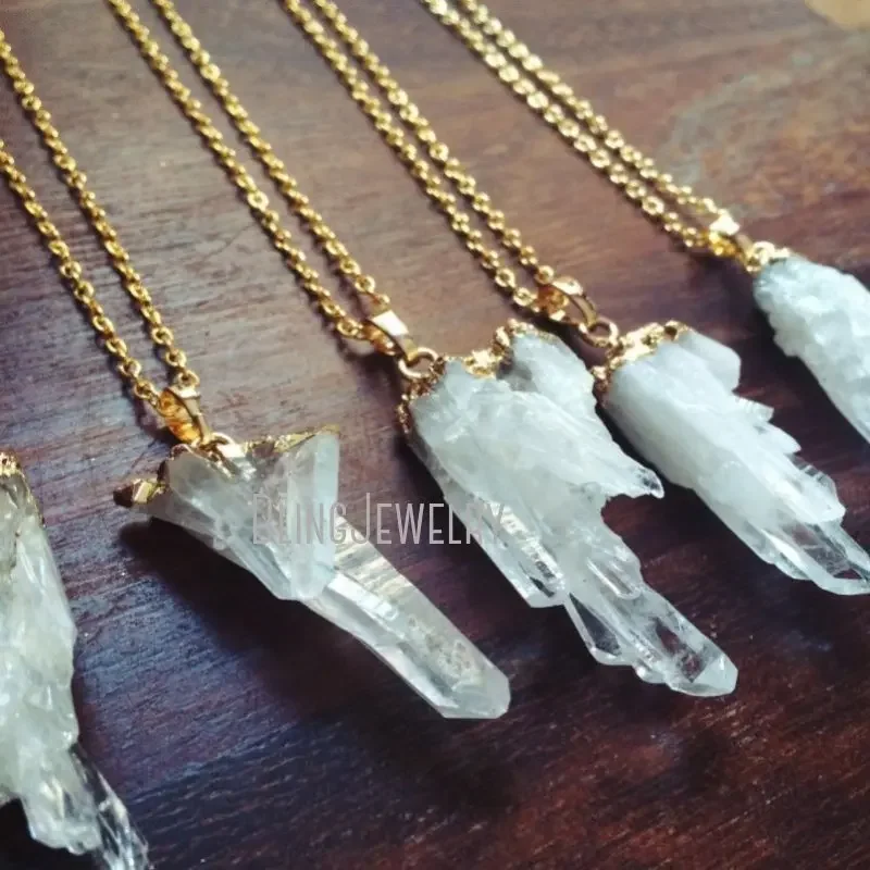 10pcs Ice Cluster Clear Crystal Druzy Quartz Stone Pendant Necklace Women Gold Color Chain Jewellery Boho