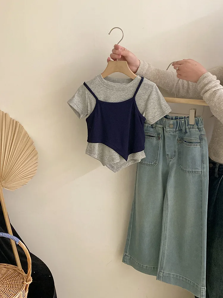 

Girls' Summer New Solid Color Strap Short Sleeve2025Spring New Design Wide-Leg Jeans Set