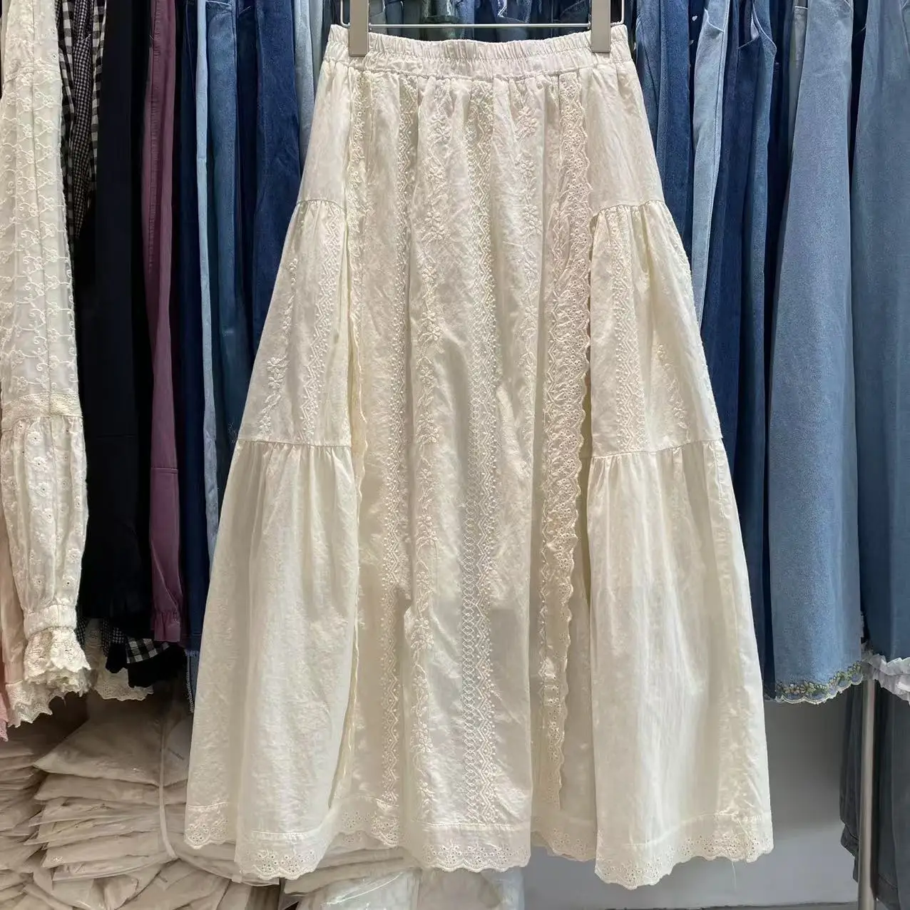 Women Solid Skirts Lace Spliced Skirt Ankle Lenth A Line High Elastic Waist Slight Strech Thin Loose Elegant Casual 2026 Summer