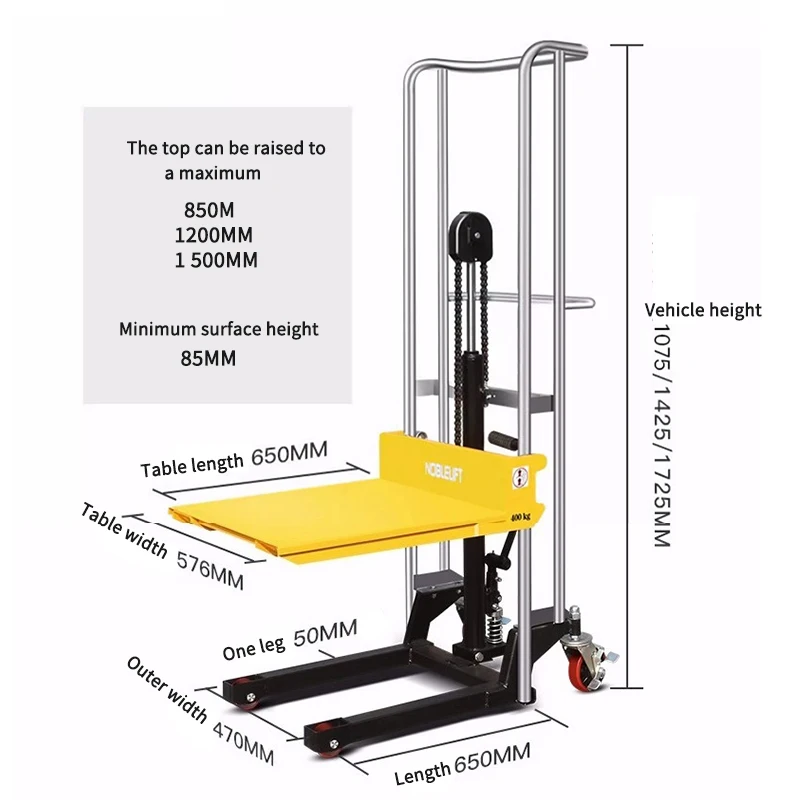 PS0485 Manual Hydraulic Stacker Lift Auxiliary Cart Hand Push Forklift Light Luggage Truck Multifunction Platform Moving Tools