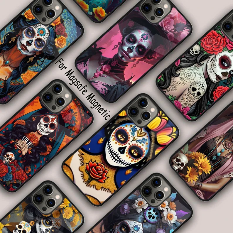 Mexican Skull Girl Tattooed Art Magnetic Phone Case For APPLE iPhone 16 14 13 12 11 Pro Max 15 Plus Wireless With MagSafe Cover