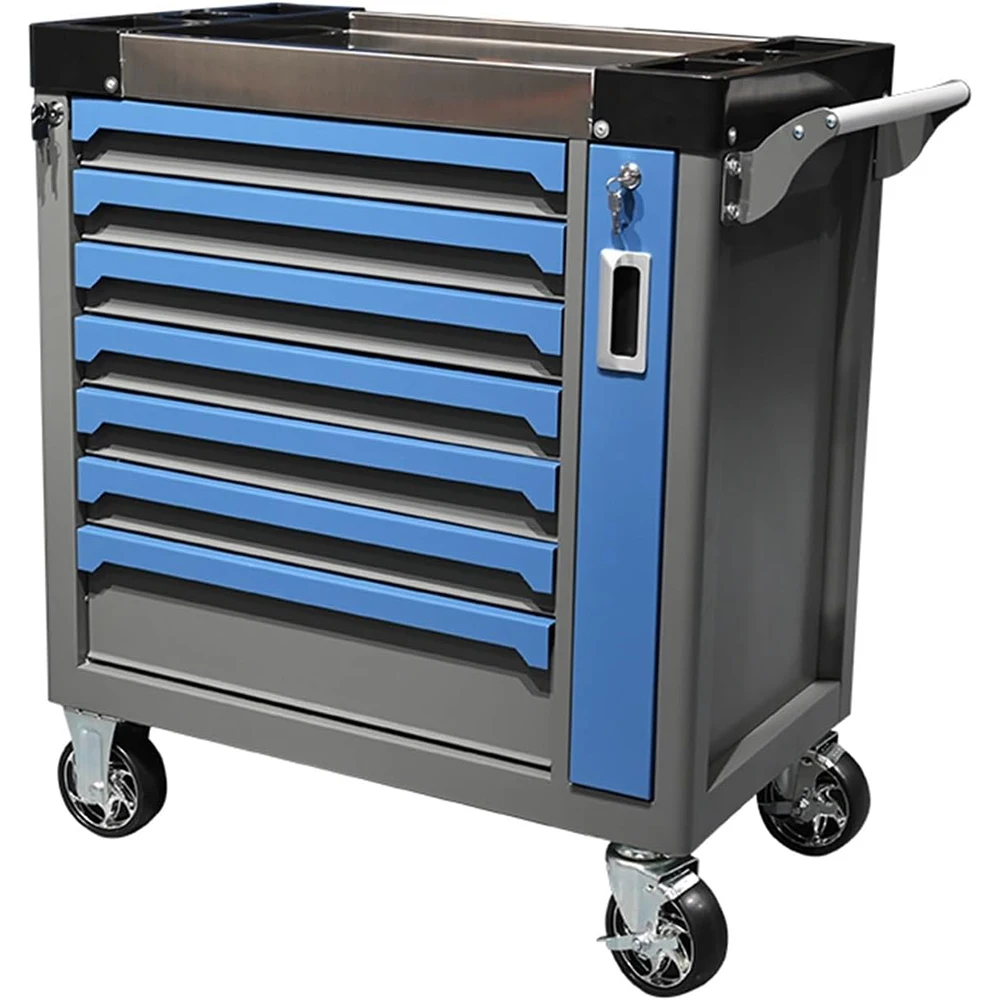 

Черно-синий инструментальный ящик на 7 ящиков с поворотными колесами, инструментальный ящик с ящиками разного размера