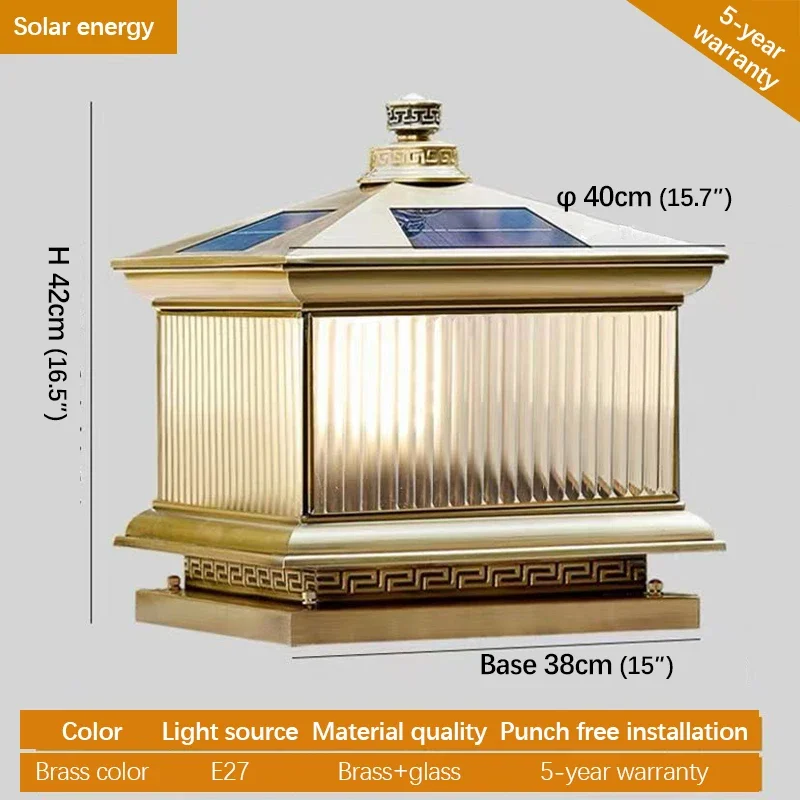 WPD Outdoor Solar Post Lamp Vintage Creative Chinese Brass  Pillar Light LED Waterproof IP65 for Home Villa Courtyard