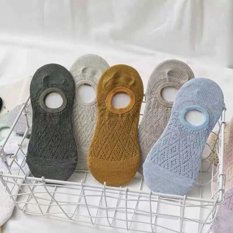 1/5/10/15/20Pcs Random Women Solid Invisible Socks,Rhombus Hollow Mesh,Breathable Sweat Absorbing All-Match Casual Liner Sock