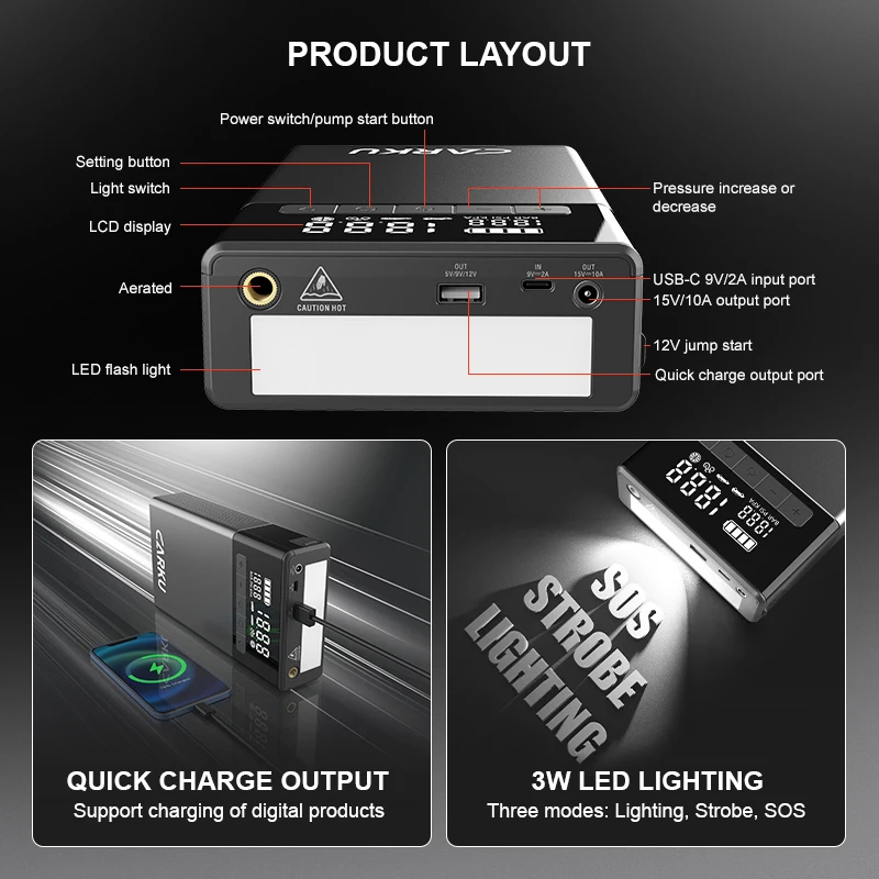 CARKU المحمولة الانتقال كاتب مع ضاغط الهواء 1200A قوة البنك منفاخ لإطارات السيارة مضخة 12 فولت بدء جهاز سيارة الداعم ODM #3