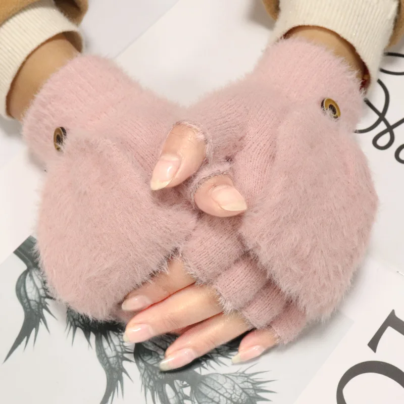 Winter Flip Women Gloves Cute Warm Knit Fleece Half-Finger Clamshell Kawaii Gloves for Female Students Writing Plush Gloves