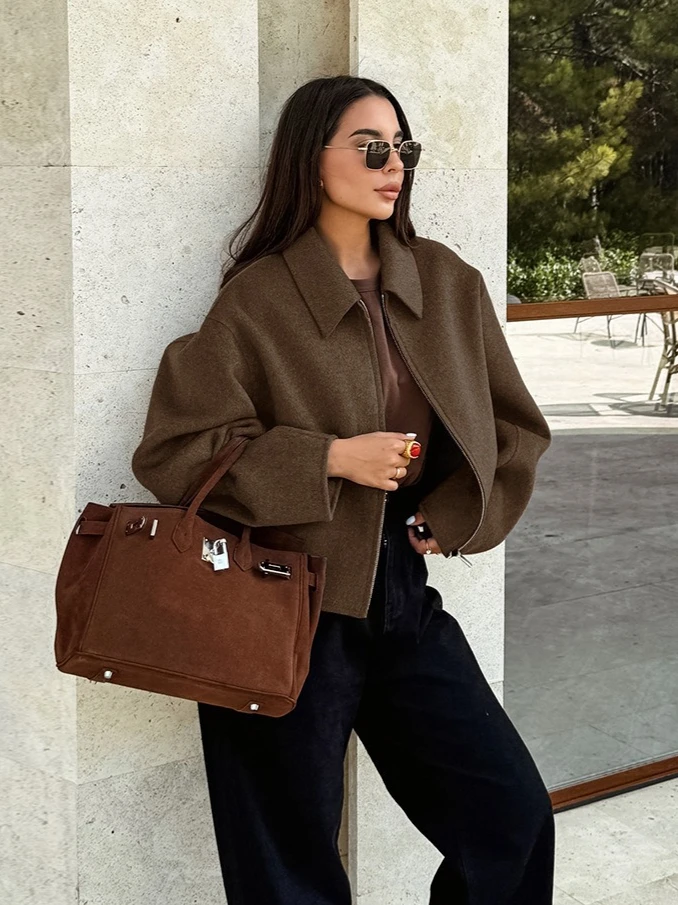 

Yaminiya 2025 Fashionable High-end Women's Woolen Coat with Lapel Long Sleeve Zipper Autumn/Winter Fashion Loose Casual Jacket